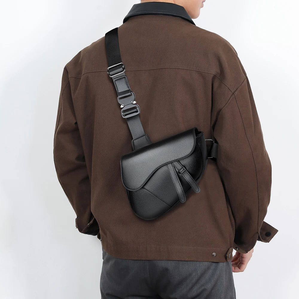 Men's solid color PU leather saddle shoulder bags crossbody bags chest bag bolsos para hombre sacoches hommes bag for man